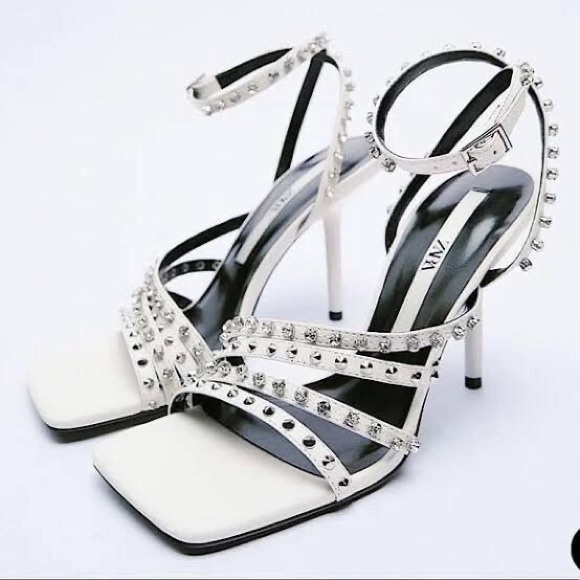 MOVING SALE Zara White Square Toe Strappy Studded Heels - Picture 3 of 12